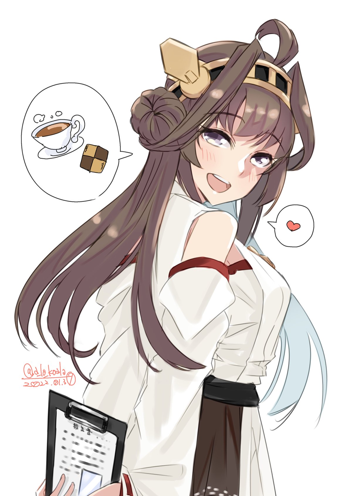 1girl ahoge alakoala bare_shoulders brown_hair detached_sleeves double_bun eyebrows_visible_through_hair hair_between_eyes hairband headgear heart highres japanese_clothes kantai_collection kongou_(kancolle) long_hair nontraditional_miko one-hour_drawing_challenge open_mouth ribbon-trimmed_sleeves ribbon_trim simple_background smile solo spoken_heart teeth upper_body upper_teeth violet_eyes white_background wide_sleeves