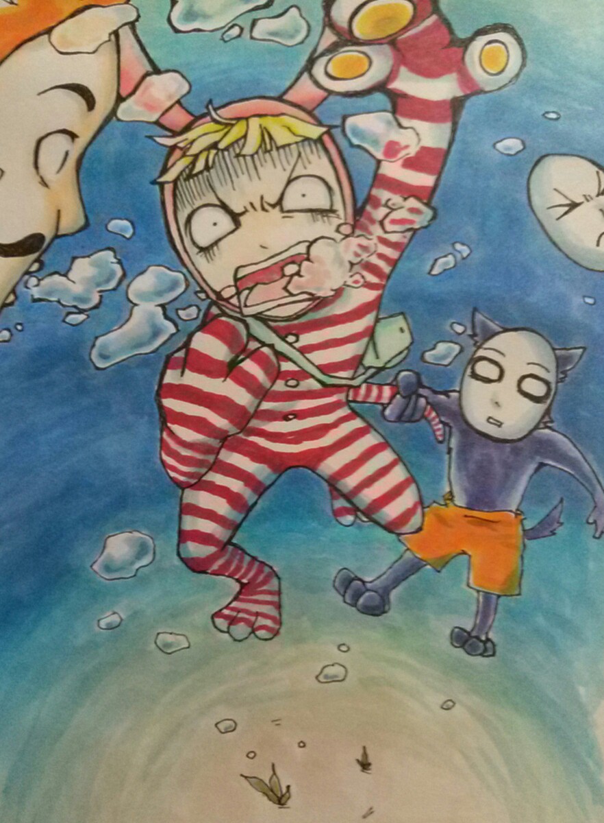 3boys asphyxiation blonde_hair drowning human kedamono male mask multiple_boys pajamas papi popee_the_clown popee_the_performer scared underwater water wolf