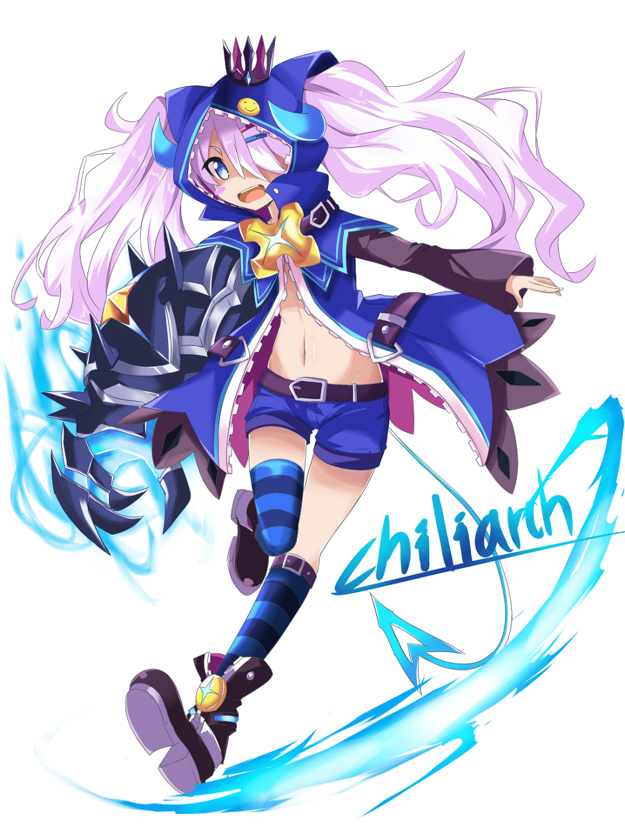 1girl artist_request blue_eyes chiliarch_(elsword) crown elsword female full_body horns luciela_r._sourcream pigtails solo thigh-highs white_background white_hair young