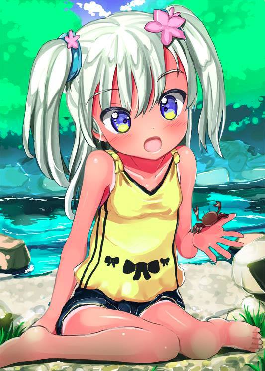 1girl barefoot beach blue_eyes blue_shorts camisole crab dada_(esoragoto) dark_skin flat_chest flower grass hair_bobbles hair_flower hair_ornament kantai_collection open_mouth pixiv ro-500_(kantai_collection) rocks sand short_twintails shorts sitting tied_shirt tree twintails water white_hair yellow_shirt