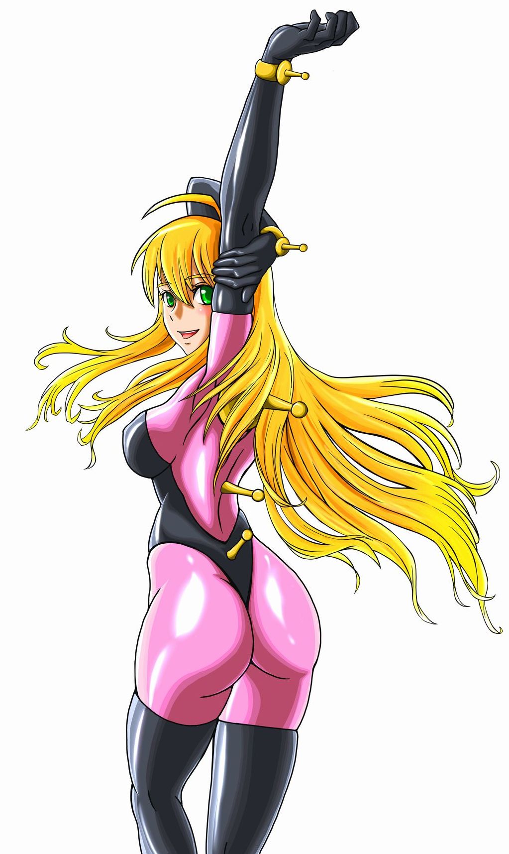 1girl ass blonde_hair blush bodysuit breasts cosplay from_behind g_gundam gloves green_eyes gundam hoshii_miki idolmaster latex latex_gloves latex_suit latex_thighhighs long_hair looking_at_viewer mobile_trace_suit nkz0416 open_mouth rain_mikamura rain_mikamura_(cosplay) shiny shiny_clothes shiny_hair smile solo very_long_hair