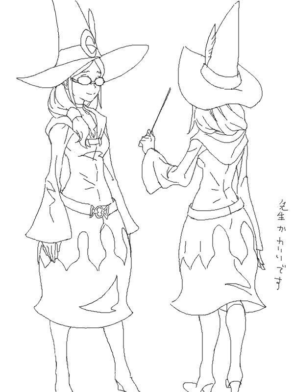 1girl belt boots character_sheet cosmic_bear glasses hair_over_shoulder hat hidden_eyes hood knee_boots little_witch_academia monochrome ponytail smile translation_request ursula_(little_witch_academia) wand wide_hips wide_sleeves witch_hat