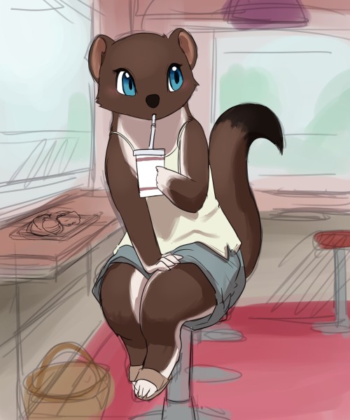 1girl artist_request blue_eyes drinking female ferret full_body furry indoors nature plant sitting solo