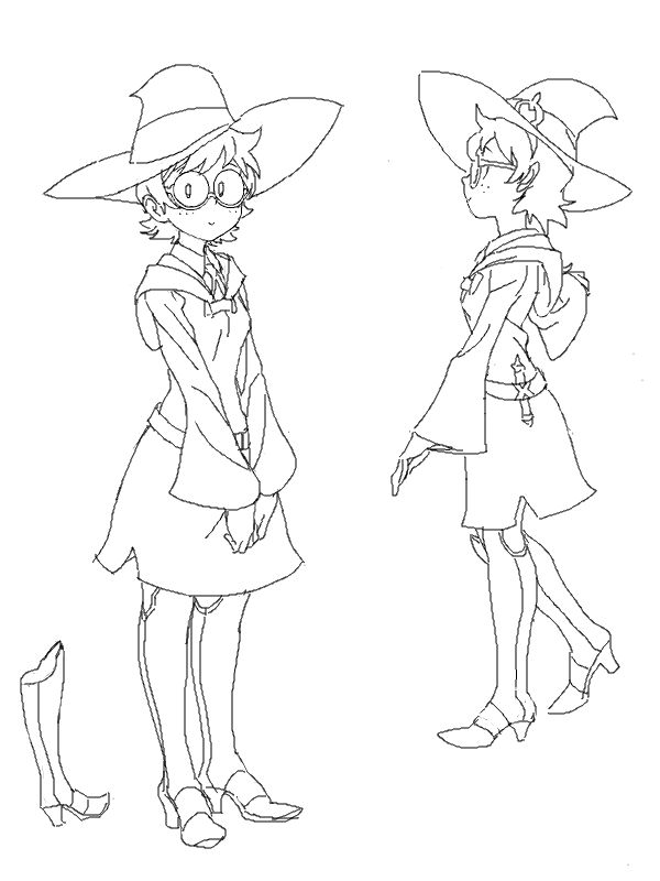 1girl boots character_sheet cosmic_bear freckles glasses hands_on_lap hat hood hoodie knee_boots lineart little_witch_academia lotte_yanson monochrome short_hair skirt smile solo wide_sleeves witch_hat