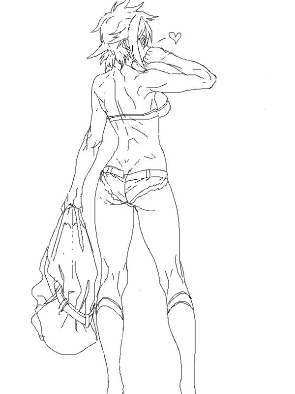 ass bare_back bare_shoulders blazblue boots breasts bullet_(blazblue) butt_crack cosmic_bear crop_top denim denim_shorts from_behind gloves_removed hand_kiss heart holding_jacket jacket jacket_removed kiss looking_back messy_hair monochrome short_hair short_shorts shorts sideboob skindentation