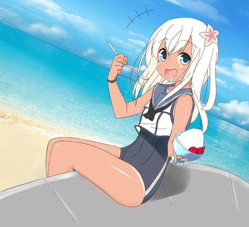 artist_request beach blonde_hair blue_eyes blush bracelet crop_top drooling flower hair_flower hair_ornament happy jewelry kantai_collection one-piece_swimsuit one-piece_tan ro-500_(kantai_collection) shaved_ice sitting spoon swimsuit tanline