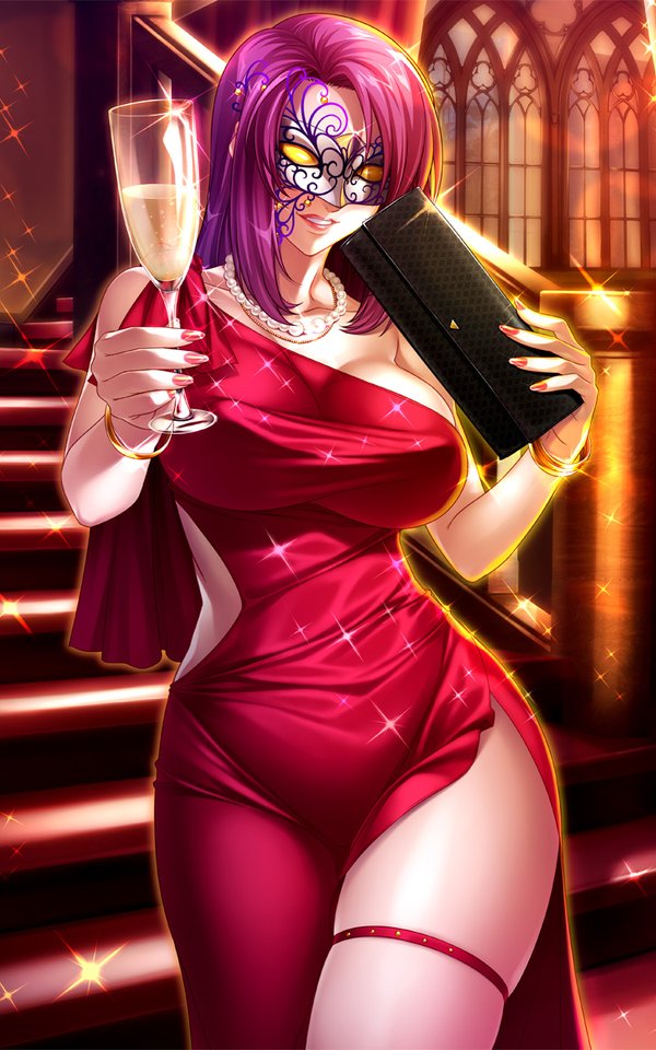 1girl alcohol bracelet breasts dress evening_gown female formal garter jewelry kagami_hirotaka koukawa_oboro large_breasts lilith-soft lipstick makeup mask nail_polish necklace oboro_(taimanin_asagi) pearl_necklace pink_hair purse red_dress side_slit smile solo sparkle stairs tagme taimanin_asagi taimanin_asagi_battle_arena thigh_strap wide_hips wine_glass