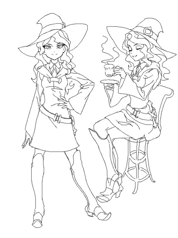 1girl belt boots chair character_sheet closed_eyes cosmic_bear cup diana_cavendish hand_on_hip hat holding holding_cup holding_plate hood knee_boots legs_crossed lineart little_witch_academia looking_at_viewer monochrome sitting smile steam teacup wavy_hair wide_sleeves witch_hat