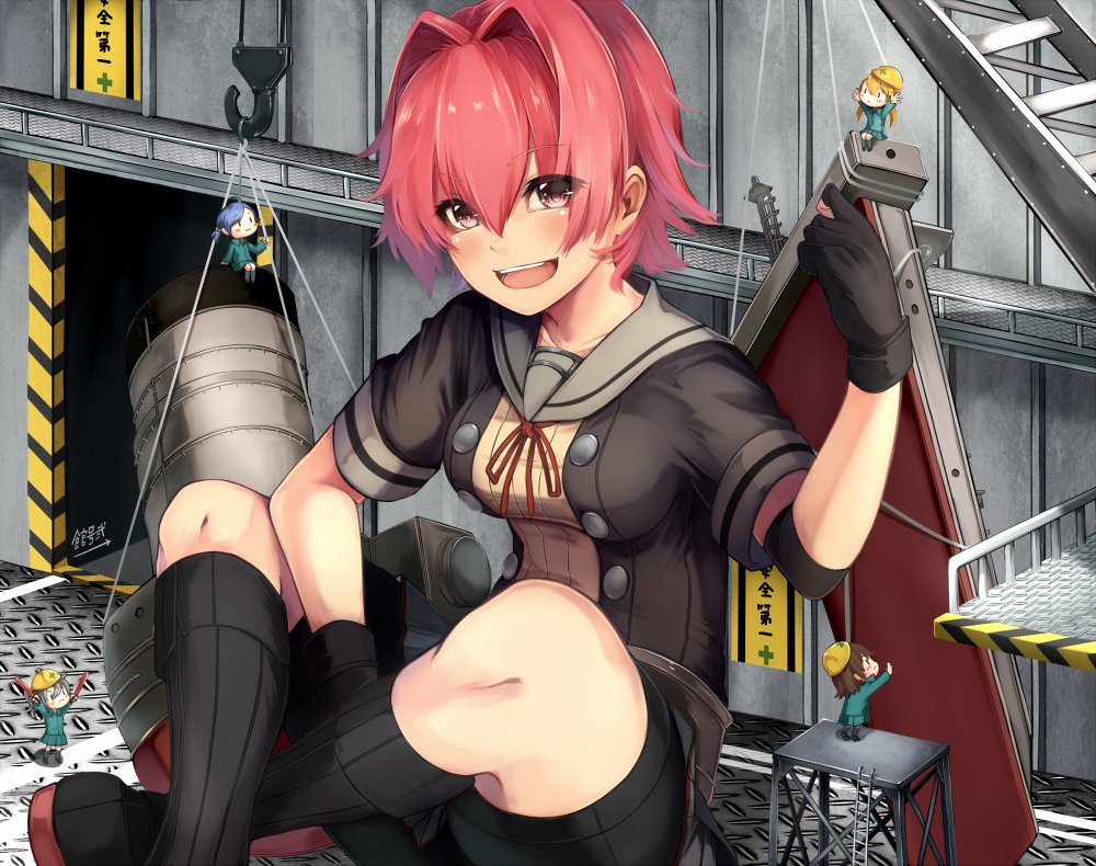 1girl arm_up bike_shorts black_boots black_gloves black_jacket boots breasts collarbone crane fairy_(kantai_collection) fingerless_gloves gloves grey_skirt hair_between_eyes hair_intakes jacket kantai_collection kinu_(kantai_collection) koruta_(nekoimo) legs_crossed looking_at_viewer machinery medium_breasts minigirl open_mouth pink_eyes pink_hair remodel_(kantai_collection) shirt short_hair short_sleeves sitting size_difference skirt solo stairwell teeth yellow_shirt