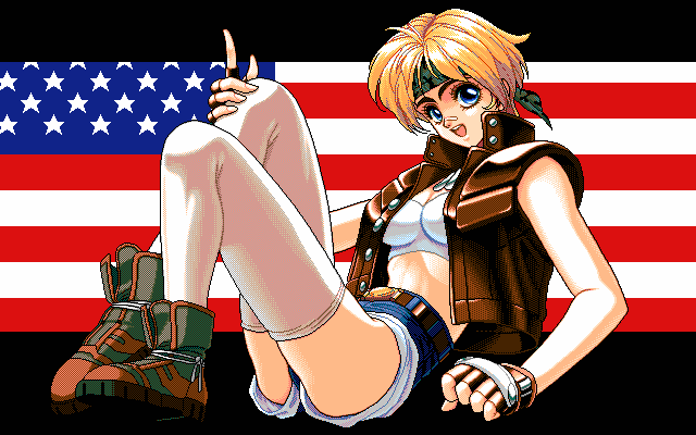 1girl :d ahoge american_flag bandaid bandaid_on_nose belt blonde_hair blue_eyes boots bra brass_knuckles breasts brown_boots brown_gloves brown_vest bustier buttons camouflage clenched_hand emily_barnet eyebrows fingerless_gloves flag_background fujisan_goushi full_body game_cg gloves headband index_finger_raised knees_up looking_at_viewer midriff open_clothes open_mouth open_vest pc98 short_hair short_shorts shorts sitting small_breasts smile solo star the_queen_of_duellist thigh-highs thighs underwear vest weapon white_bra white_legwear