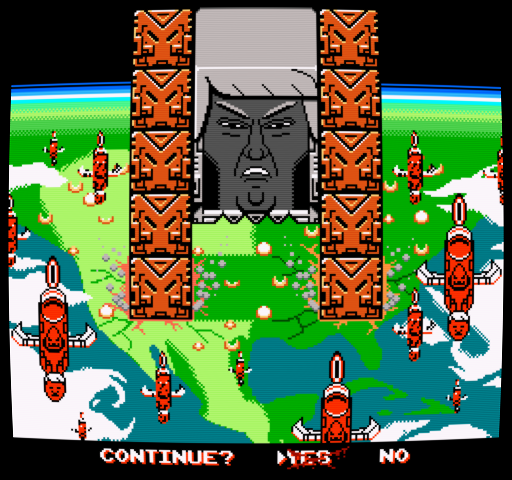 america continents continue donald_trump earth fake_screenshot game_console mark missile nes no_humans pixel_art real_life space totem_pole wall