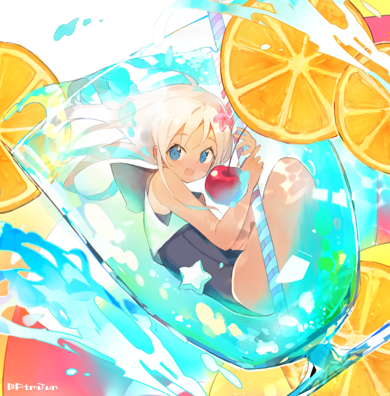 1girl atsumi_jun blonde_hair blue_eyes cherry crop_top drink flower food fruit glass hair_flower hair_ornament hibiscus kantai_collection long_hair minigirl one-piece_tan open_mouth orange orange_slice oversized_object ro-500_(kantai_collection) sailor_collar school_swimsuit straw swimsuit swimsuit_under_clothes tan tanline