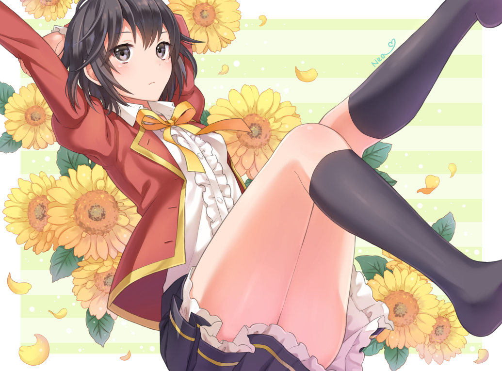 1girl arms_behind_head bangs black_hair blazer blush bow bowtie commentary flower frilled_skirt frills grey_eyes ispin_charles jacket kneehighs legs_up petals short_hair skirt solo striped striped_background sunflower tales_weaver thighs uniform yellow_bow yellow_bowtie yukise_akito