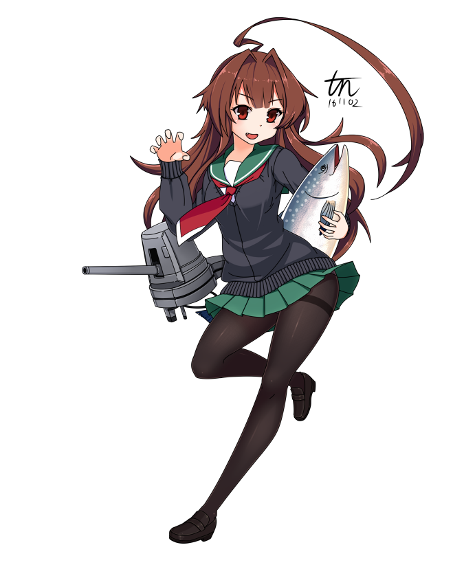 &gt;:d 1girl :d ahoge alternate_costume black_legwear brown_hair cannon fish full_body huge_ahoge kantai_collection kuma_(kantai_collection) long_hair necktie open_mouth pantyhose pleated_skirt red_eyes sailor_collar skirt smile solo standing standing_on_one_leg tama_(kantai_collection)_(cosplay) thighband_pantyhose tun turret