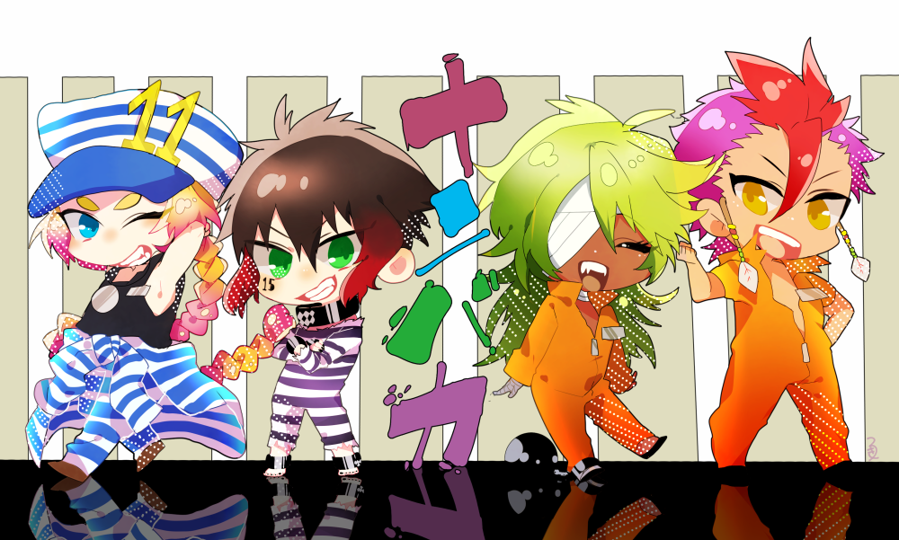 4boys ahoge artist_request ball_and_chain bandage black_hair blue_eyes collar gradient_hair green_eyes green_hair hair_between_eyes hat jewelry jumpsuit jyugo_(nanbaka) long_hair multicolored_hair multiple_boys nanbaka nico_(nanbaka) one_eye_closed orange_hair pink_hair prison_clothes purple_hair redhead rock_(nanbaka) shackles single_braid smile uno_(nanbaka) wink yellow_eyes