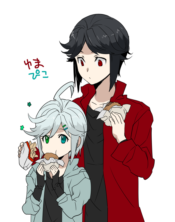 2boys ahoge blue_eyes character_name eating food french_fries green_eyes hair_ornament hairclip hamburger height_difference heterochromia looking_at_another male_focus mouri multiple_boys open_clothes open_shirt shirt simple_background utatane_piko vocaloid vy2 white_background
