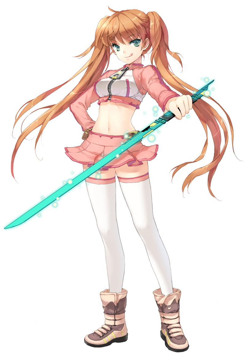 1girl ahoge boots breasts cropped_jacket cuteg eyebrows eyebrows_visible_through_hair female_strider fringe glowing glowing_sword glowing_weapon grey_eyes hand_on_hip holding holding_sword holding_weapon long_hair midriff miniskirt navel official_art orange_hair pink_clothes pink_jacket pink_skirt project_d_online skirt small_breasts solo standing stomach sword thigh-highs tongue tongue_out twintails weapon white_background white_legwear zettai_ryouiki zipper zipper_pull_tab