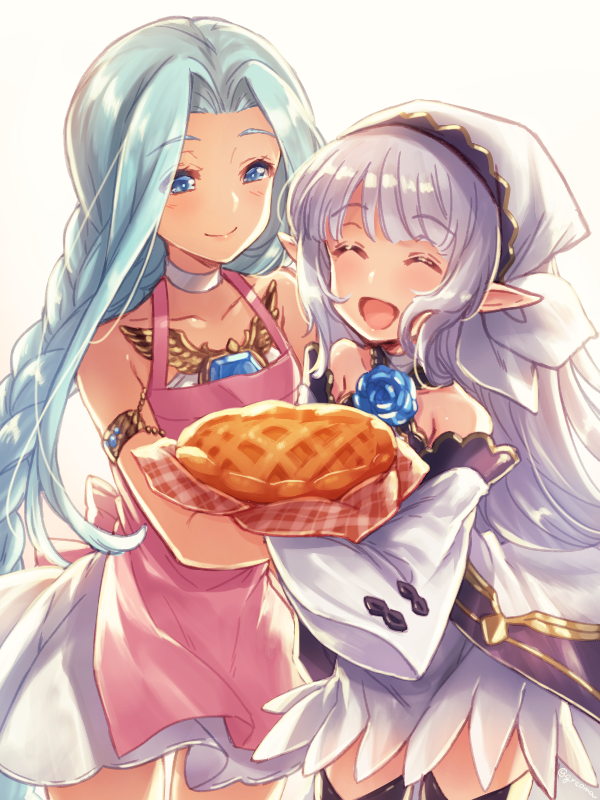 2girls apple_pie apron blue_hair cloak closed_eyes dress flower_ornament food granblue_fantasy hood hooded_cloak konsui_(grcoma) lily_(granblue_fantasy) long_hair lyria_(granblue_fantasy) multiple_girls open_mouth pie