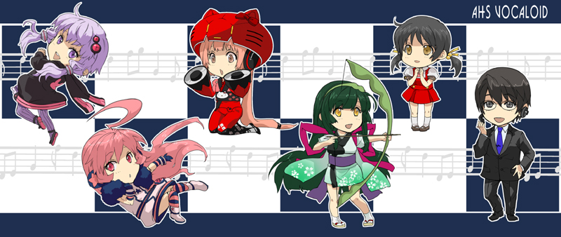 1boy 5girls ahoge android animal_hood arrow beamed_quavers black_hair blue_necktie bow_(weapon) brown_eyes bunny_hood chibi dress earmuffs formal hair_tubes hands_together headphones headset hiyama_kiyoteru hood hoodie japanese_clothes kaai_yuki kimono long_hair mouri multiple_girls musical_note necktie nekomura_iroha outline pink_eyes pink_hair purple_hair quaver semiquaver sf-a2_miki short_twintails suit touhoku_zunko twintails very_long_hair violet_eyes vocaloid voiceroid weapon yellow_eyes yuzuki_yukari