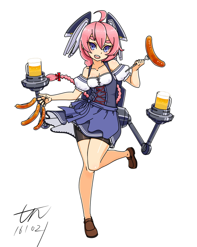 1girl :o ahoge alcohol alternate_costume beer beer_mug bike_shorts braid commentary_request dirndl eyebrows food fork full_body german_clothes headgear kantai_collection long_hair machinery nenohi_(kantai_collection) pink_hair sausage solo standing standing_on_one_leg thick_eyebrows tun violet_eyes white_background