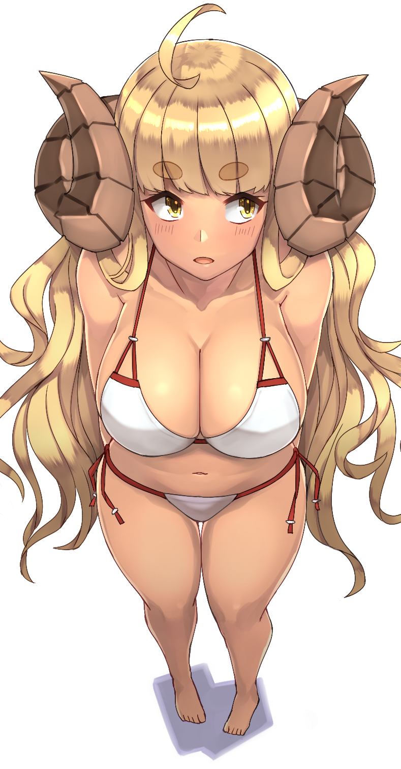 1girl :o ahoge alternate_costume anila_(granblue_fantasy) arms_behind_back bangs bare_arms bare_legs bare_shoulders barefoot bikini blonde_hair blunt_bangs blush breasts cleavage collarbone doraf eyebrows eyebrows_visible_through_hair foreshortening from_above granblue_fantasy highres horns large_breasts long_hair looking_to_the_side michihasu navel open_mouth perspective red_ribbon ribbon side-tie_bikini simple_background solo standing stomach swimsuit thick_eyebrows thigh_gap very_long_hair wavy_hair white_background white_bikini yellow_eyes