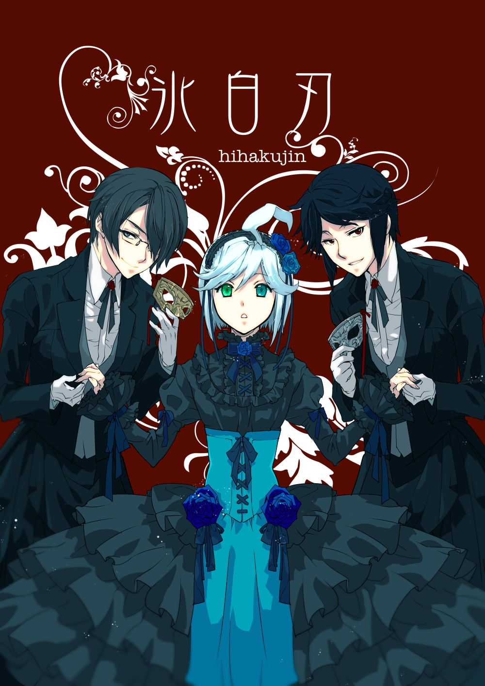 3boys ahoge black_hair blue_eyes blue_hair blue_rose corset crossdressinging domino_mask flower formal glasses gloves green_eyes hair_over_one_eye hairband hand_holding heterochromia highres hiyama_kiyoteru mask mouri multiple_boys red_background red_eyes rose suit utatane_piko vocaloid vy2 white_gloves