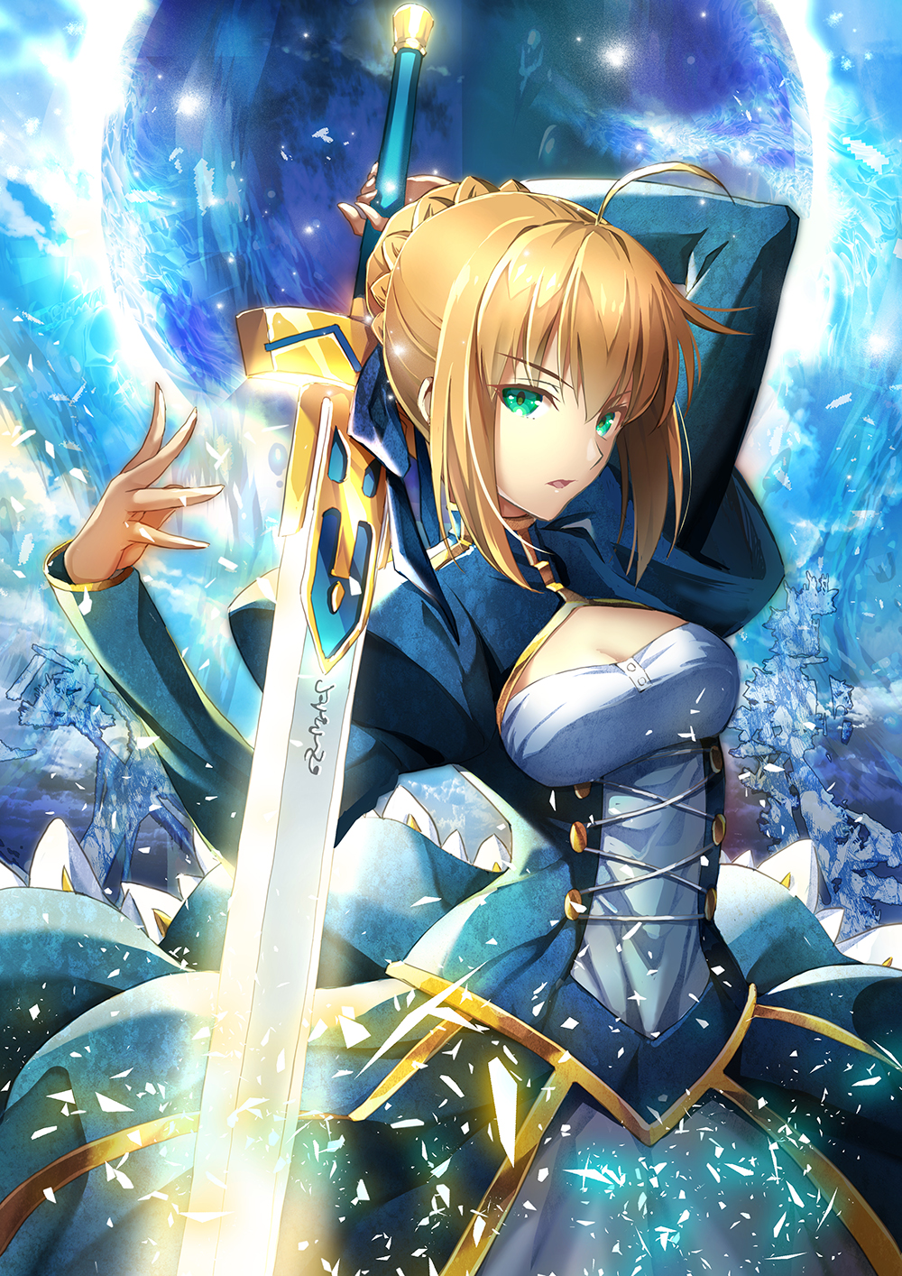 1girl ahoge arm_behind_head arms_up blonde_hair blue blue_dress blue_ribbon braid breasts cleavage cleavage_cutout commentary_request corset dress excalibur eyebrows eyebrows_visible_through_hair fate/stay_night fate_(series) french_braid glowing glowing_sword glowing_weapon green_eyes hair_ribbon highres holding holding_sword holding_weapon light_particles long_sleeves looking_at_viewer medium_breasts parted_lips ribbon runes saber solo suishougensou sword weapon