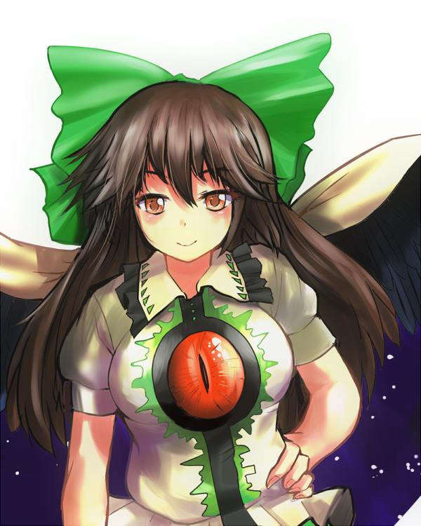 1girl bird_wings black_hair blouse blush bow breasts cape contrapposto feathered_wings fingernails green_bow hair_bow hand_on_hip large_breasts long_hair looking_at_viewer puffy_short_sleeves puffy_sleeves red_eyes reiuji_utsuho short_sleeves simple_background smile solo space_print tandori_tsubasa third_eye touhou upper_body white_background white_blouse wings