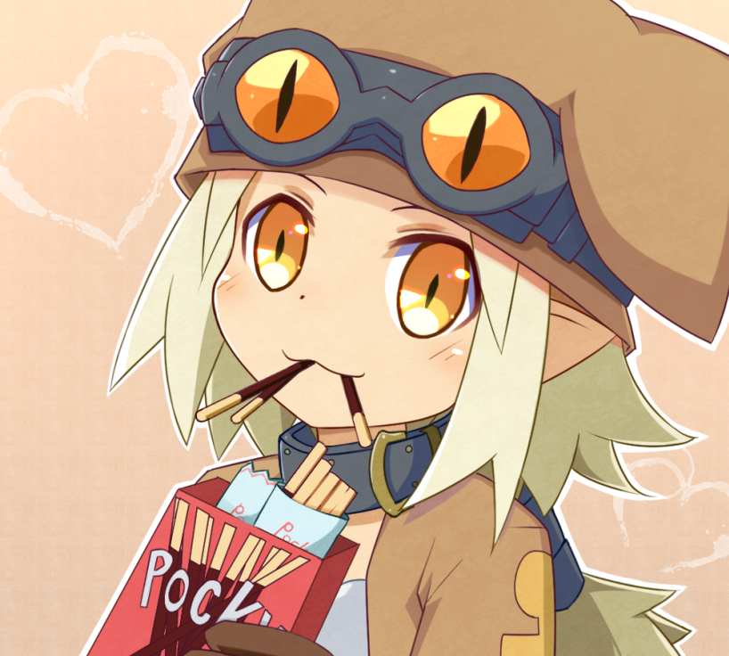 1girl blonde_hair brown_hat choker disgaea doria_(5073726) food gloves goggles goggles_on_head hat heart jacket long_hair looking_at_viewer mouth_hold orange_background pocky pocky_day pointy_ears smile solo thief_(disgaea) upper_body yellow_eyes