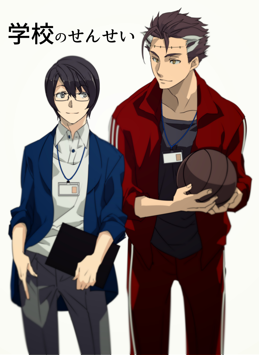 2boys bangs basketball big_al black_hair blue_background brown_eyes brown_hair glasses grey_eyes highres hiyama_kiyoteru jacket looking_at_another male_focus mouri multicolored_hair multiple_boys open_clothes open_jacket pants simple_background stitched streaked_hair swept_bangs track_jacket track_pants vocaloid