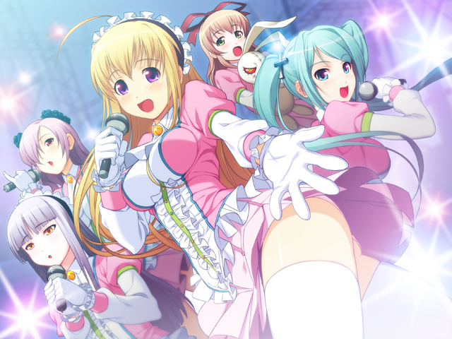 5girls :d :o ahoge anna_(gekkou_no_carnevale) aqua_eyes aqua_hair blonde_hair blush bow breasts brown_hair cornalina cross dress dutch_angle eyebrows eyebrows_visible_through_hair fringe game_cg gekkou_no_carnevale gloves green_eyes hair_bow hair_ornament hair_over_one_eye iris_(gekkou_no_carnevale) long_hair looking_at_viewer lunaria maid_headdress medium_breasts microphone multiple_girls music nitro+royale open_mouth out_of_frame outstretched_hand panties pantyshot perla pink_dress purple_hair shiny shiny_hair sidelocks silver_hair singing smile stage stage_lights stuffed_toy thigh-highs tsuji_santa twintails underwear violet_eyes white_gloves white_legwear yellow_eyes