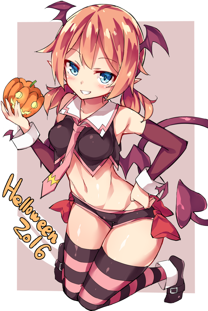 1girl 2016 bare_shoulders blue_eyes blush bow breasts brown_hair commentary_request crop_top demon_girl demon_tail demon_wings detached_sleeves grin halloween hand_on_hip head_wings jack-o'-lantern knees_together_feet_apart looking_at_viewer low_twintails medium_breasts medium_hair midriff navel necktie original pointy_ears pumpkin shiny shiny_skin shoes short_shorts shorts smile solo striped striped_legwear tail teeth thigh-highs twintails unacchi_(nyusankin) wings wrist_cuffs