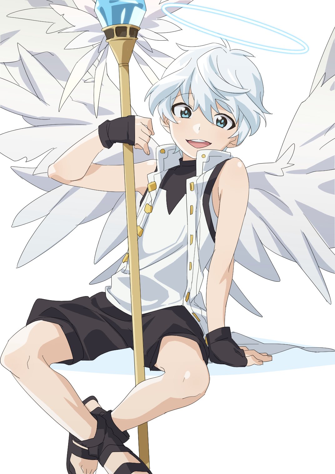 1boy :d angel angel_wings arm_support bare_shoulders black_gloves blue_eyes fingerless_gloves gloves halo highres male_focus open_clothes open_mouth open_vest sandals shorts simple_background sitting smile solo staff uraketa vest white_background white_hair wings