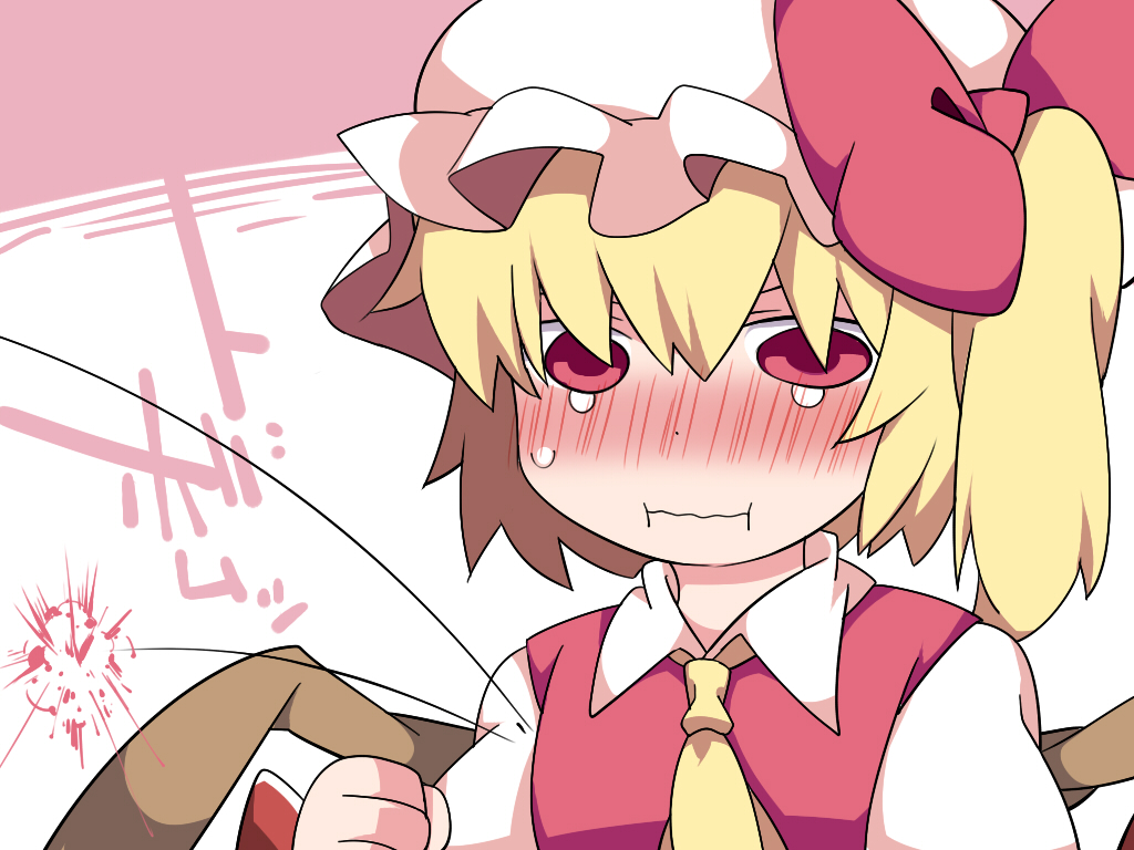 1girl angry ascot blonde_hair blush breast_conscious clenched_hand commentary exploding flandre_scarlet flat_chest full-face_blush hammer_(sunset_beach) hat mob_cap pout red_eyes ricocheting short_hair side_ponytail solo symbol_ricochet tears touhou translated vest wings