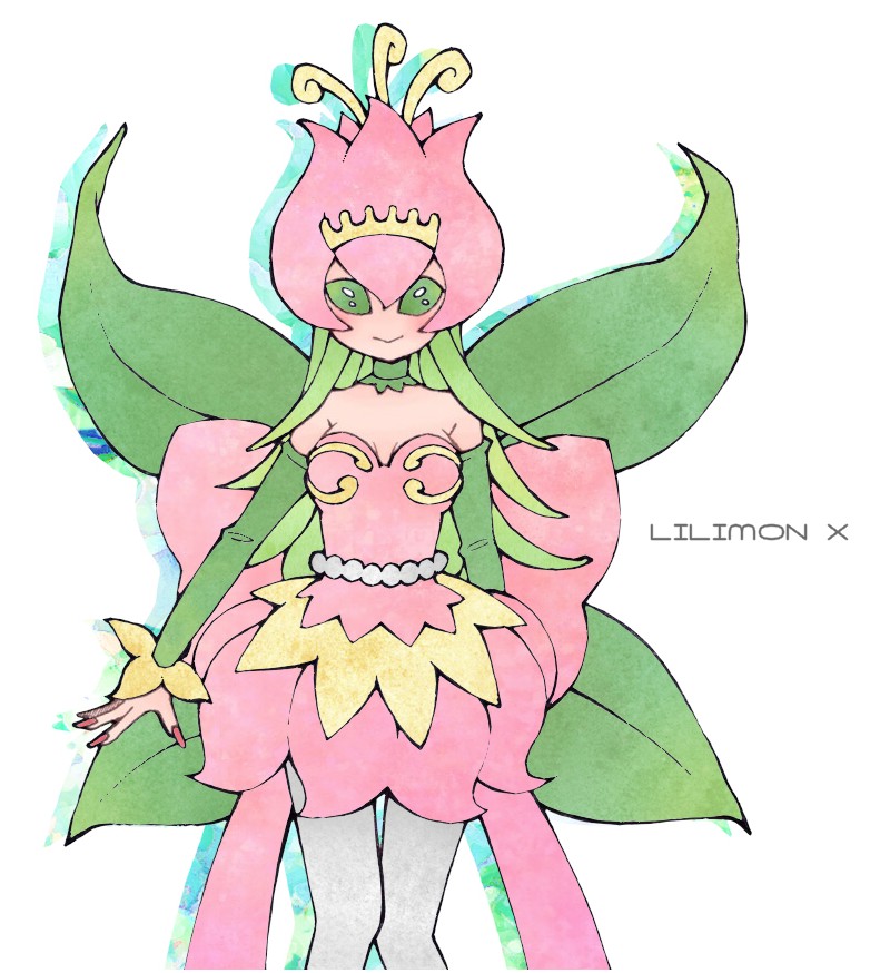1girl bandai breasts digimon dress fairy fairy_wings female lillymon lillymon_x looking_at_viewer nail_polish smile solo wings