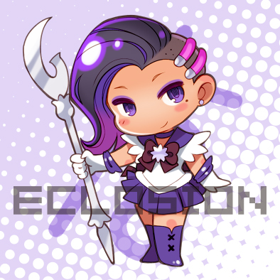 1girl bishoujo_senshi_sailor_moon boots bow brooch chibi color_connection cosplay earrings eclosion elbow_gloves eyeshadow full_body gloves halftone halftone_background jewelry knee_boots long_hair looking_at_viewer lowres makeup mole no_nose overwatch purple purple_background purple_boots purple_bow purple_hair purple_skirt sailor_collar sailor_saturn sailor_saturn_(cosplay) saturn_symbol silence_glaive skirt smile solo sombra_(overwatch) standing violet_eyes white_background white_gloves
