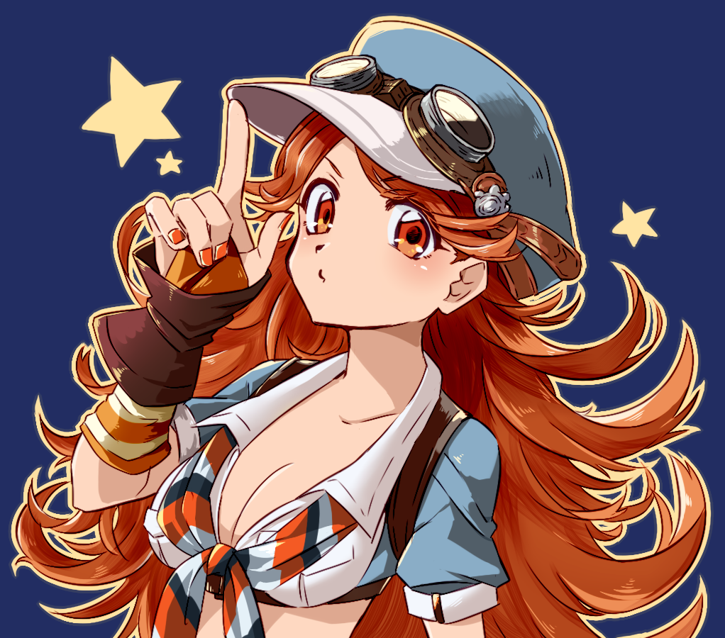 1girl arm_warmers blue_background blue_hat blue_jacket blush breasts cleavage collarbone collared_shirt cropped_jacket eyebrows eyebrows_visible_through_hair goggles goggles_on_headwear granblue_fantasy hat index_finger_raised jacket long_hair looking_at_viewer mary_(granblue_fantasy) medium_breasts nail_polish nanashiba orange_eyes orange_hair orange_nails outline shirt short_sleeves simple_background solo star striped tied_shirt upper_body white_shirt
