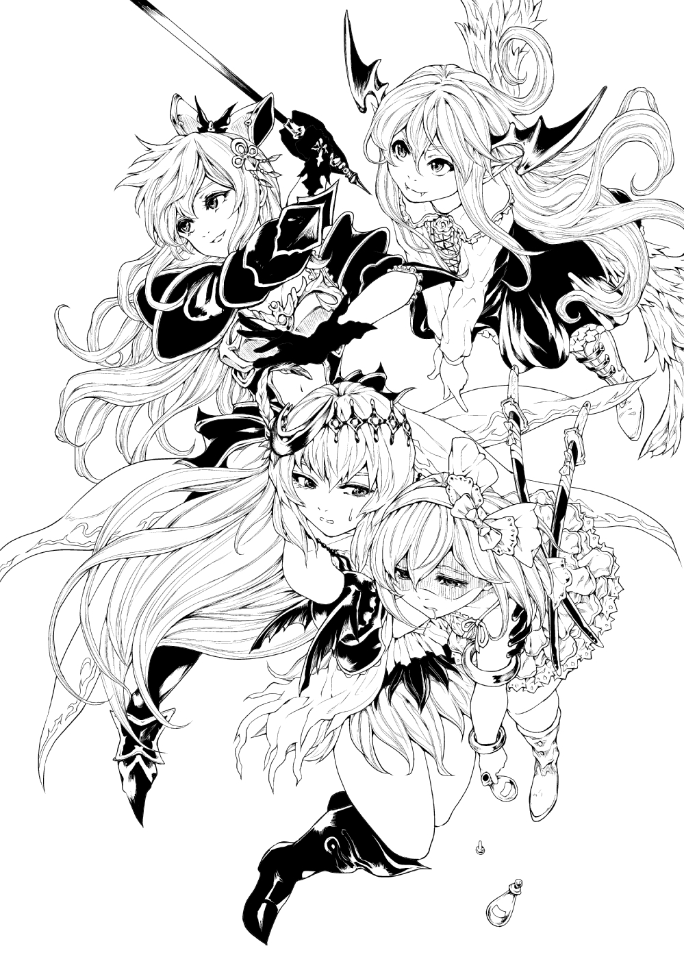 4girls armlet armor bangs bare_shoulders bikini_armor boots bottle bow bracelet breasts carrying cleavage closed_mouth collared_shirt dark_jeanne dark_persona djeeta_(granblue_fantasy) drooling elixir empty_eyes fangs feathers female flower frilled_shirt_collar frilled_skirt frills gloves granblue_fantasy hair_between_eyes hair_bow hair_feathers hair_ornament hairband head_wings highres holding holding_sword holding_weapon jeanne_d'arc_(granblue_fantasy) jewelry katana long_hair long_sleeves looking_at_another midriff miniskirt monochrome multiple_girls open_mouth plant raid_slash rapier rose shaded_face sheath shingeki_no_bahamut shirt short_hair simple_background skirt smile superstar_(granblue_fantasy) sweat sword vampire vampy vira weapon white_background