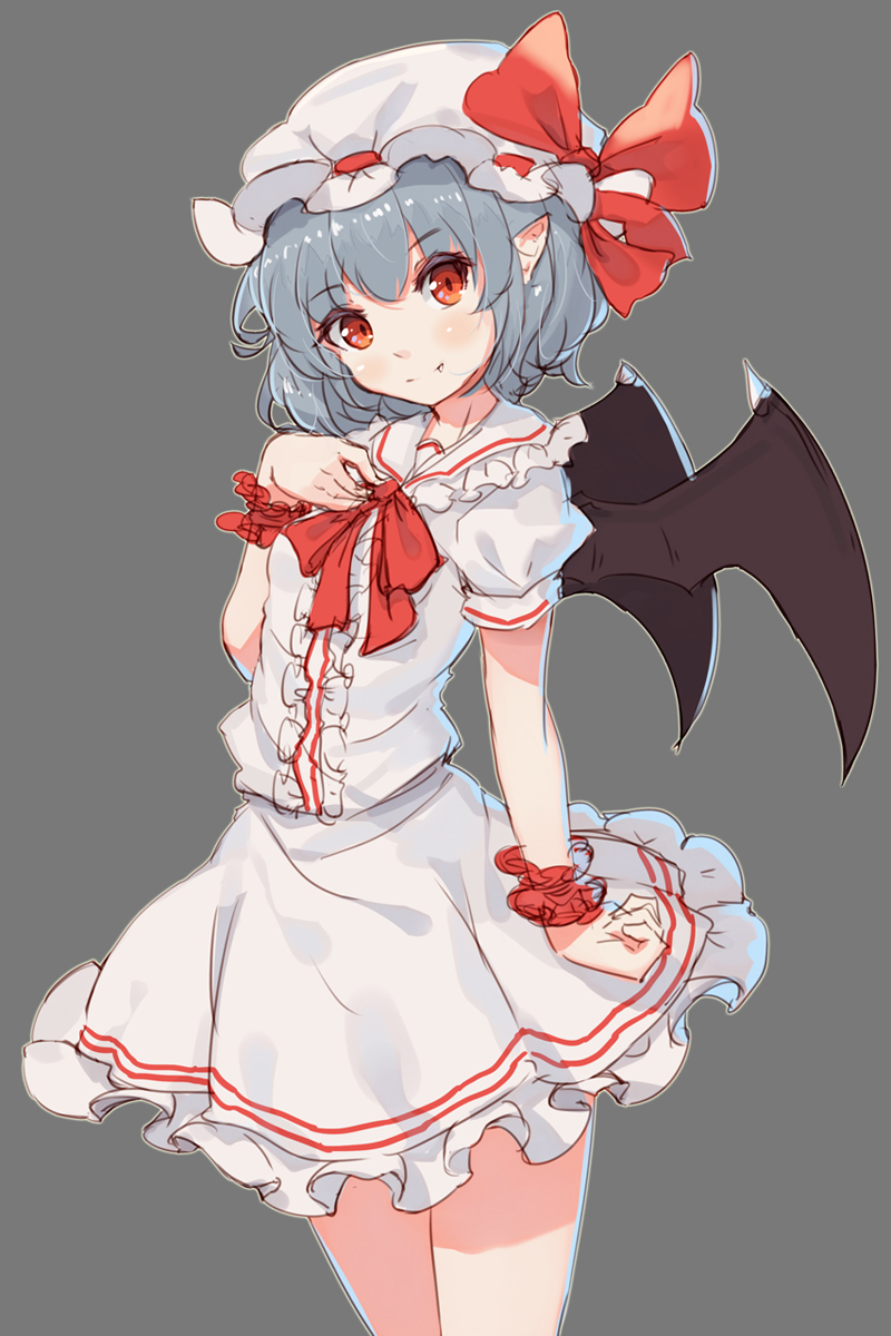 1girl bangs bat_wings blue_hair center_frills closed_mouth eyebrows eyebrows_visible_through_hair fang fang_out grey_background hat hat_ribbon head_tilt highres looking_at_viewer mob_cap pointy_ears red_eyes red_ribbon remilia_scarlet ribbon shone short_hair short_sleeves simple_background sketch skirt smile solo standing touhou white_skirt wings wrist_cuffs
