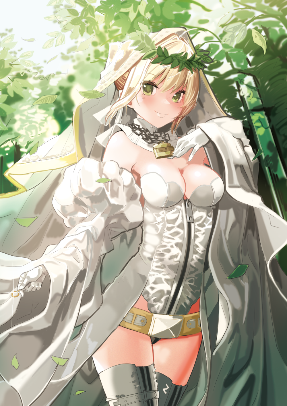 1girl bangs bare_shoulders beltskirt blonde_hair blush boots breasts bridal_veil chains cleavage commentary cowboy_shot detached_sleeves eyebrows eyebrows_visible_through_hair fate/extra fate/extra_ccc fate/grand_order fate_(series) full-length_zipper gloves green_eyes highleg highleg_leotard highres laurel_crown leaf leotard lock looking_at_viewer padlock saber_bride saber_extra smile solo thigh-highs thigh_boots torimahera veil white_gloves zipper zipper_pull_tab
