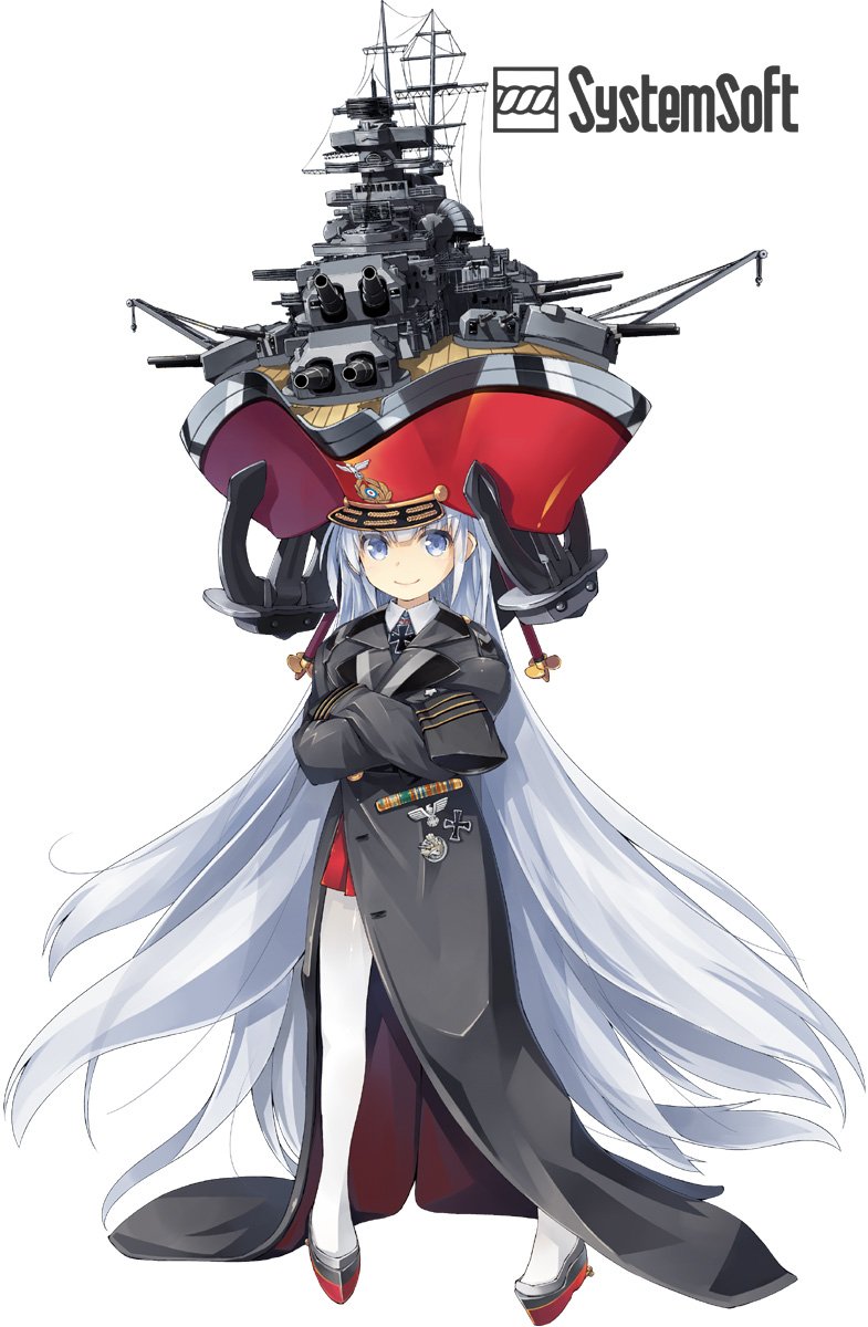 1girl absurdly_long_hair anchor bangs bismarck_(moe_moe_niji_taisen_ryaku) black_coat blue_eyes blue_hair closed_mouth coat collared_shirt company_name copyright_name crossed_arms eyebrows eyebrows_visible_through_hair full_body hat highres iron_cross jpeg_artifacts long_hair looking_at_viewer medal moe_moe_niji_taisen_ryaku nanaroku_(fortress76) official_art oversized_clothes pantyhose pleated_skirt red_skirt ship shirt shoes simple_background skirt sleeves_past_wrists smile solo standing turret very_long_hair watercraft white_background white_legwear
