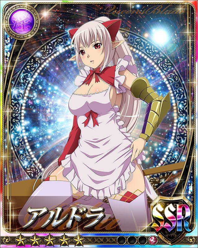 1girl aldra_(queen's_blade) breasts card_(medium) elf female large_breasts long_hair pointy_ears ponytail queen's_blade queen's_blade_rebellion red_eyes smile white_hair