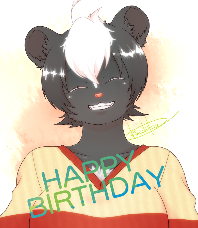 1girl artist_request black_hair closed_eyes copyright_request furry happy_birthday open_mouth skunk tagme two-tone_hair white_hair