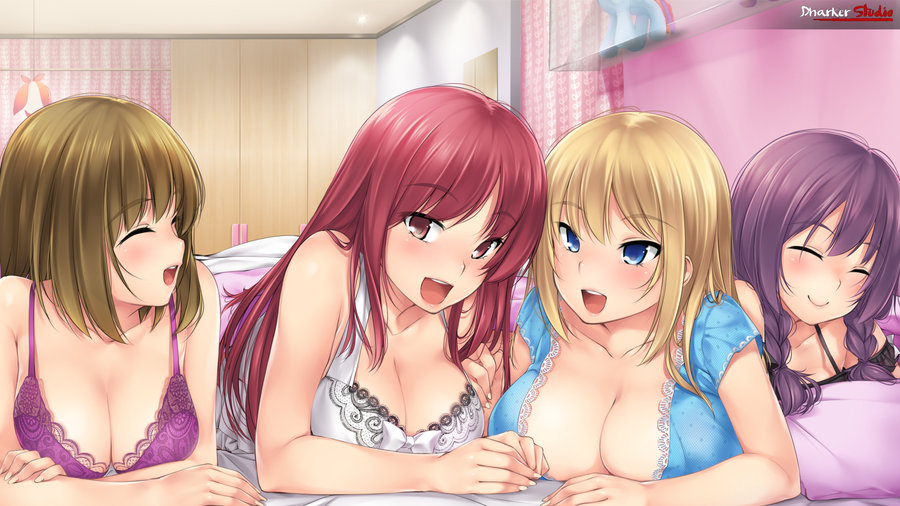 4girls :d ^_^ ^o^ bangs bare_arms bare_shoulders bed bed_sheet black_dress blanket blonde_hair blue_dress blue_eyes blush bow bra braid breast_press breasts brown_hair cleavage closed_eyes collarbone cupboard curtains dress eyebrows eyebrows_visible_through_hair front_braid indoors kopianget lace lace-trimmed_bra lace-trimmed_dress large_breasts long_hair looking_at_viewer lying multiple_girls negligee_(game) off-shoulder_dress off_shoulder on_bed on_stomach open_mouth pillow purple_bra purple_hair red_eyes redhead room short_braid short_sleeves sleepover smile strap_gap tsurime twin_braids underwear upper_body white_bow