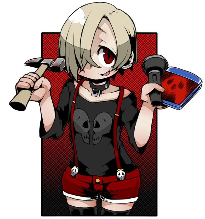 1girl ayame_(0419) black_legwear blonde_hair choker cowboy_shot dvd_case ear_piercing flashlight hair_over_one_eye hammer idolmaster idolmaster_cinderella_girls looking_at_viewer piercing red_background red_eyes shirasaka_koume shirt short_shorts shorts skull skull_print smile solo suspenders t-shirt thigh-highs