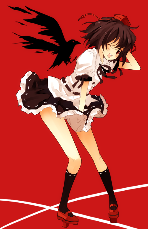 black_hair crow geta hat kurot red_eyes ribbon shameimaru_aya short_hair skirt tengu-geta tokin_hat touhou wink