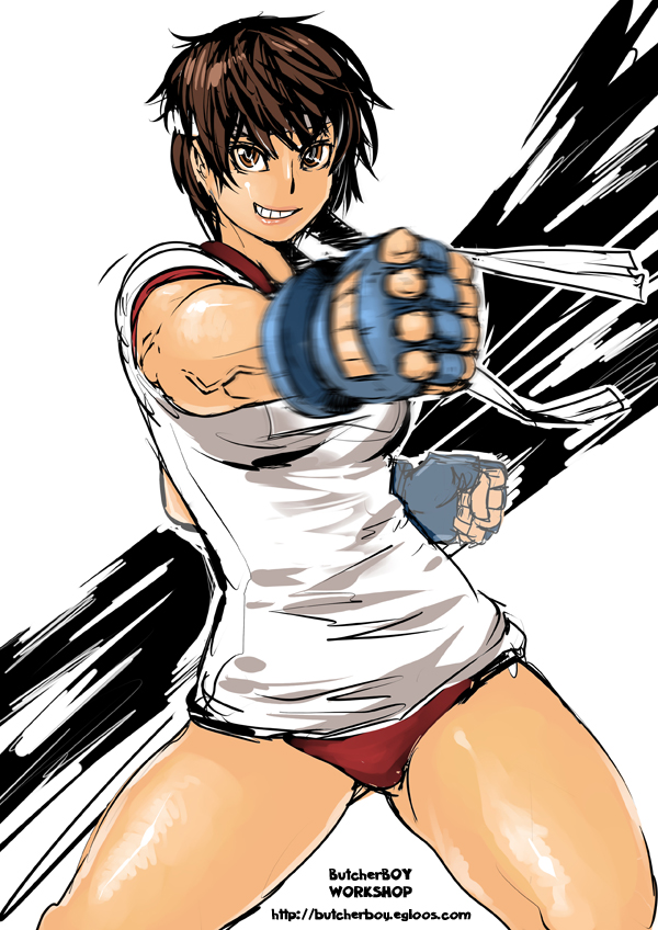 brown_hair buruma butcherboy capcom fingerless_gloves gloves grin grown_up gym_uniform headband kasugano_sakura legs motion_blur punch punching short_hair smile street_fighter thighs veins