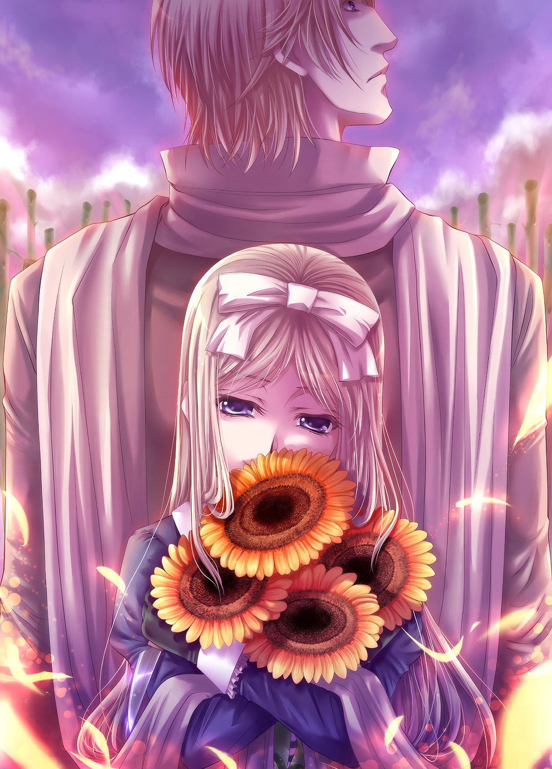 1girl axis_powers_hetalia back back-to-back back_to_back belarus_(hetalia) blonde_hair blue_eyes couple flower gloves hair_ribbon height_difference highres long_hair naughty_face petals ribbon russia_(hetalia) sasano_shiki short_hair siblings sky smile sunflower tall