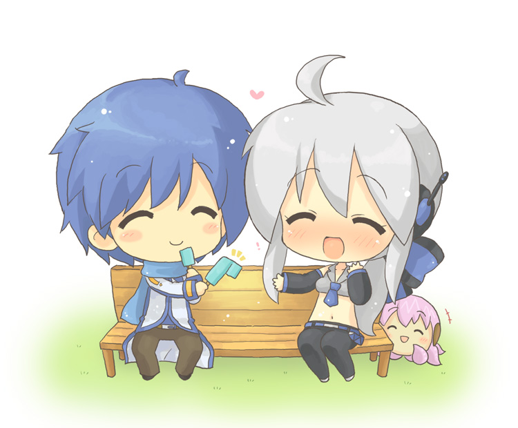 ! :d ahoge bench chibi closed_eyes food hahifuhe headphones heart ice_cream kaito megurine_luka midriff open_mouth ponytail popsicle ribbon silver_hair smile takoluka vocaloid voyakiloid yowane_haku