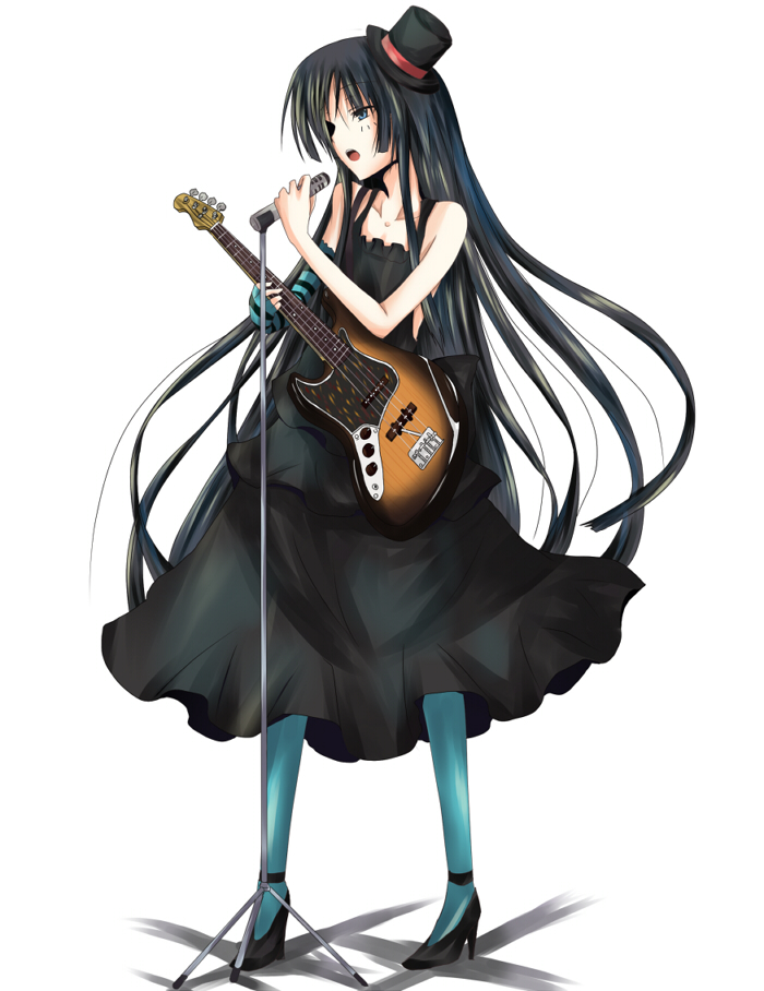 bangs bass_guitar black_hair blue_eyes blue_legwear blunt_bangs don't_say_lazy don't_say_"lazy" dress elbow_gloves face_paint facepaint fingerless_gloves gloves hat high_heels hime_cut instrument k-on! left-handed long_hair microphone microphone_stand mini_top_hat pantyhose ram ram_hachimin shoes solo striped top_hat
